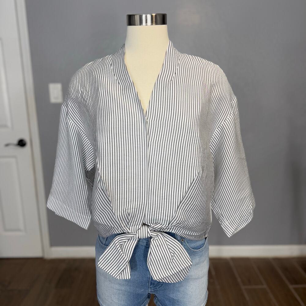INC International Concepts Printed Tie-Hem Top Black White XS Blouse